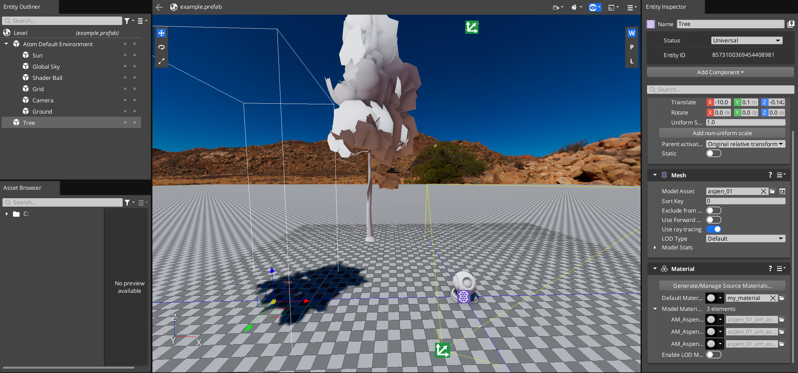 The tree and the shader ball in the Editor, with only the tree offset from adding the shader option.
